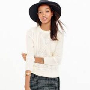 J.CREW Sweater Merino Wool Cream Long Sleeve Cable Knit Fringe Crew Neck Small